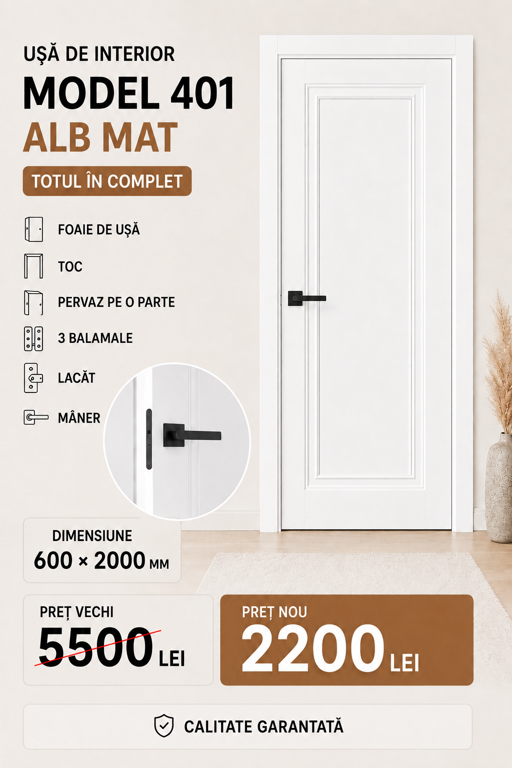 401 alb mat 600 - Uși Chișinău